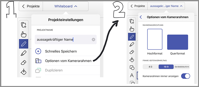 Screenshot: geeignete Projekteinstellungen für ein Explain-Everything-Projekt (Projektnahme und Optionen für Kamerarahmen)