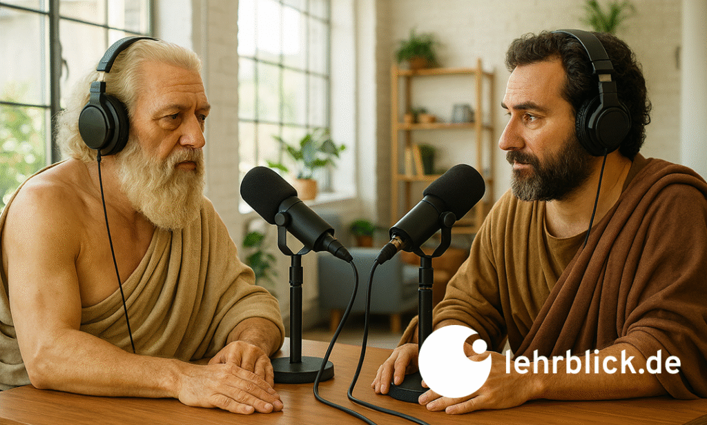 two guys looking like ancient greeks sitting in front of microphones