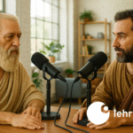 two guys looking like ancient greeks sitting in front of microphones