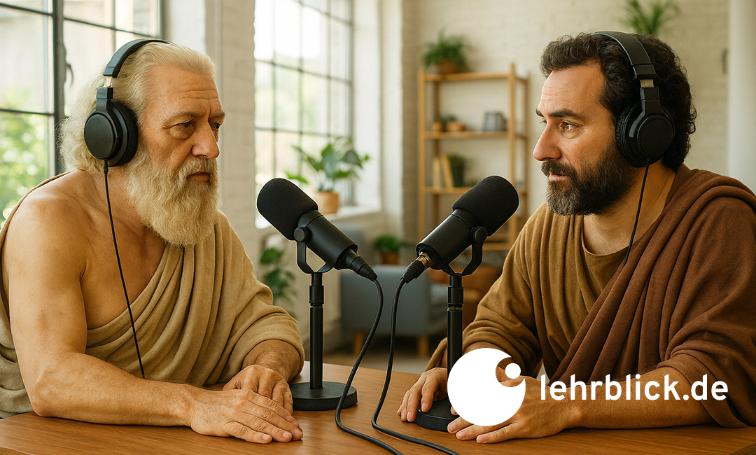 two guys looking like ancient greeks sitting in front of microphones
