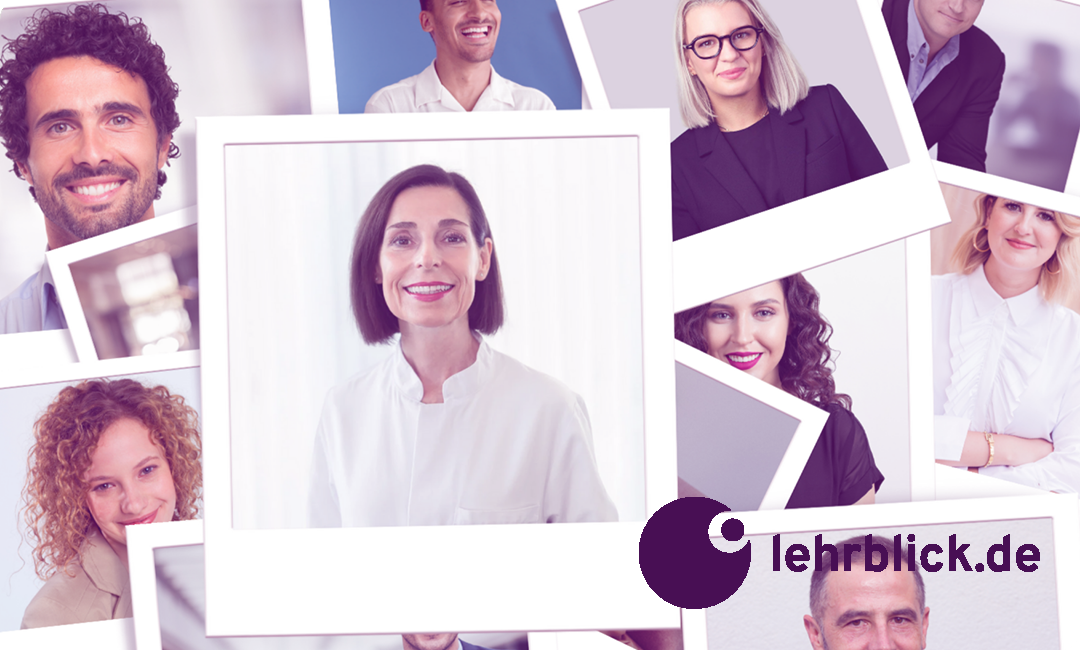 Mehrere Porträtfotos von Personen in unterschiedlichen Posen, teilweise überlappend angeordnet, mit dem Logo von lehrblick.de unten rechts