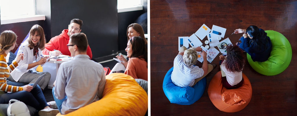 Two groups of people are sitting on colourful beanbags and chatting in a bright room with wooden flooring.