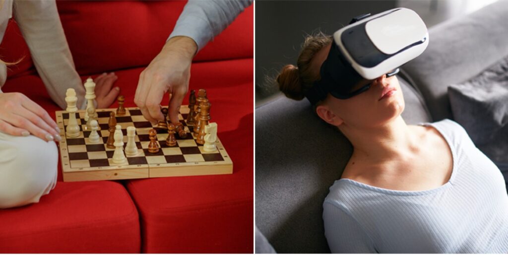 Schachspiel und VR-Brille als zwei Beispiele für Achtsamkeitsangebote
